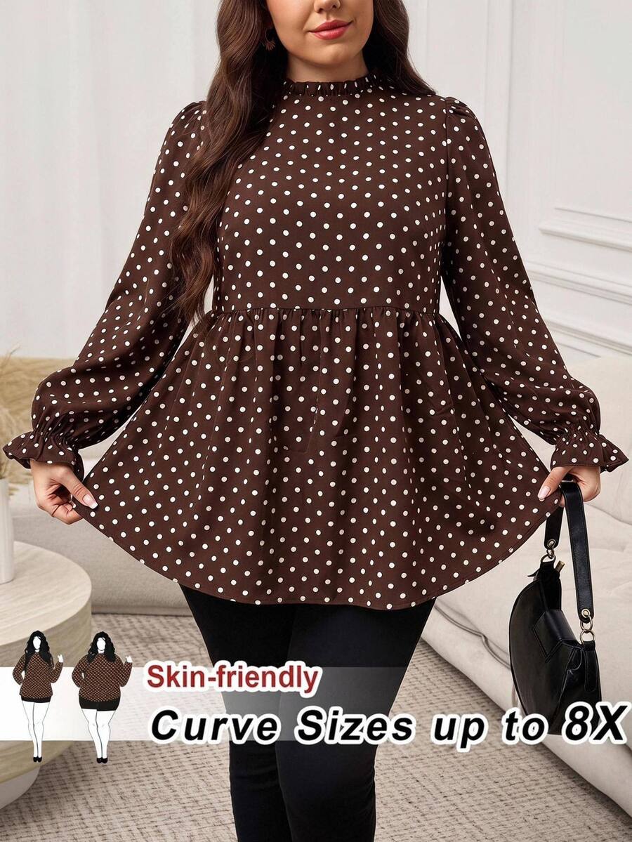 SHEIN CURVE+ Plus Size Casual Leopard Print Ruffle Collar T-Shirt, Autumn Leopard Print Top - Brown - View 1