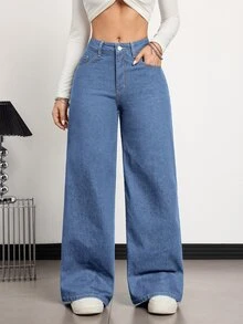 SHEIN Tall Women's Loose Button-Front Pocket Denim Long Pants - Light Wash - View 3
