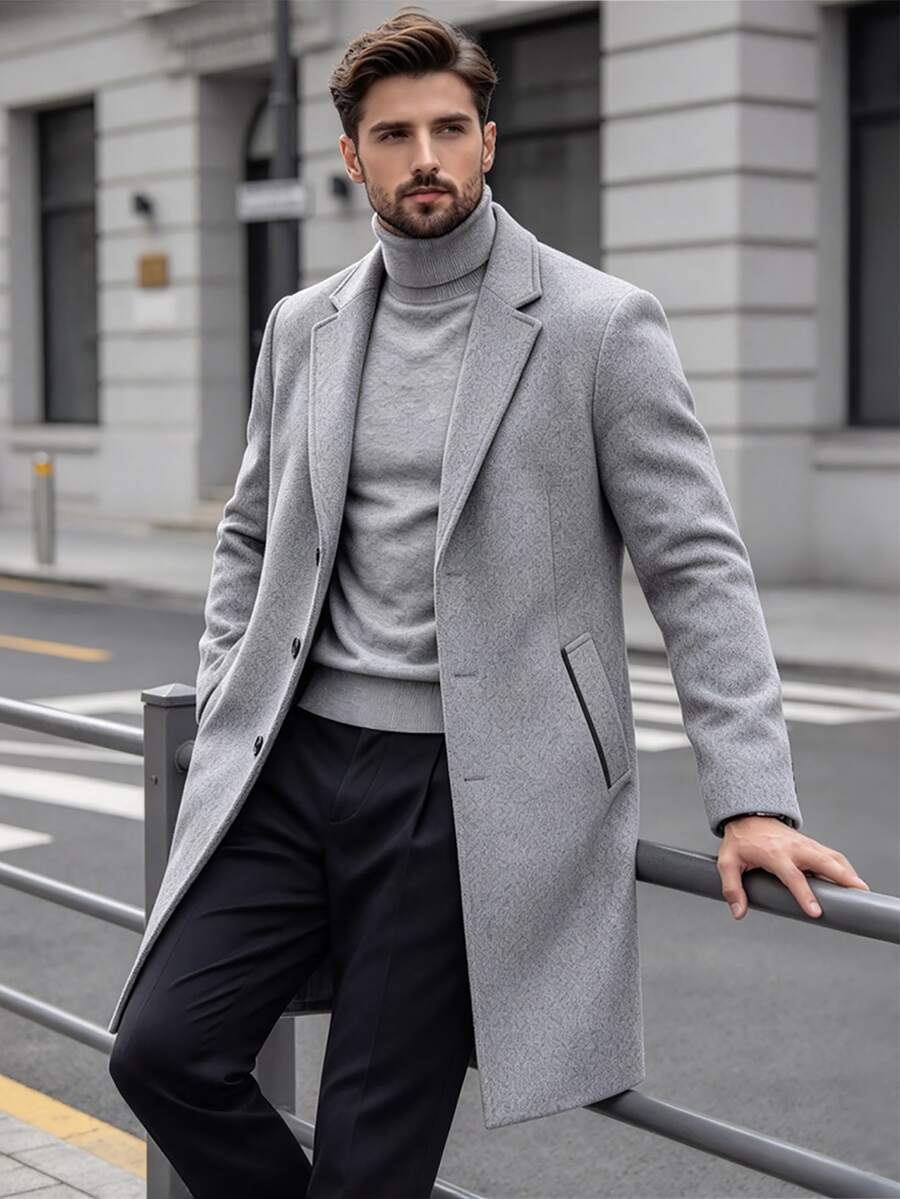 Manfinity Mode Men's Solid Color Pocket & Button Front Long Sleeve Overcoat, Autumn Fall, Winter Ceremony - Grey - View 1