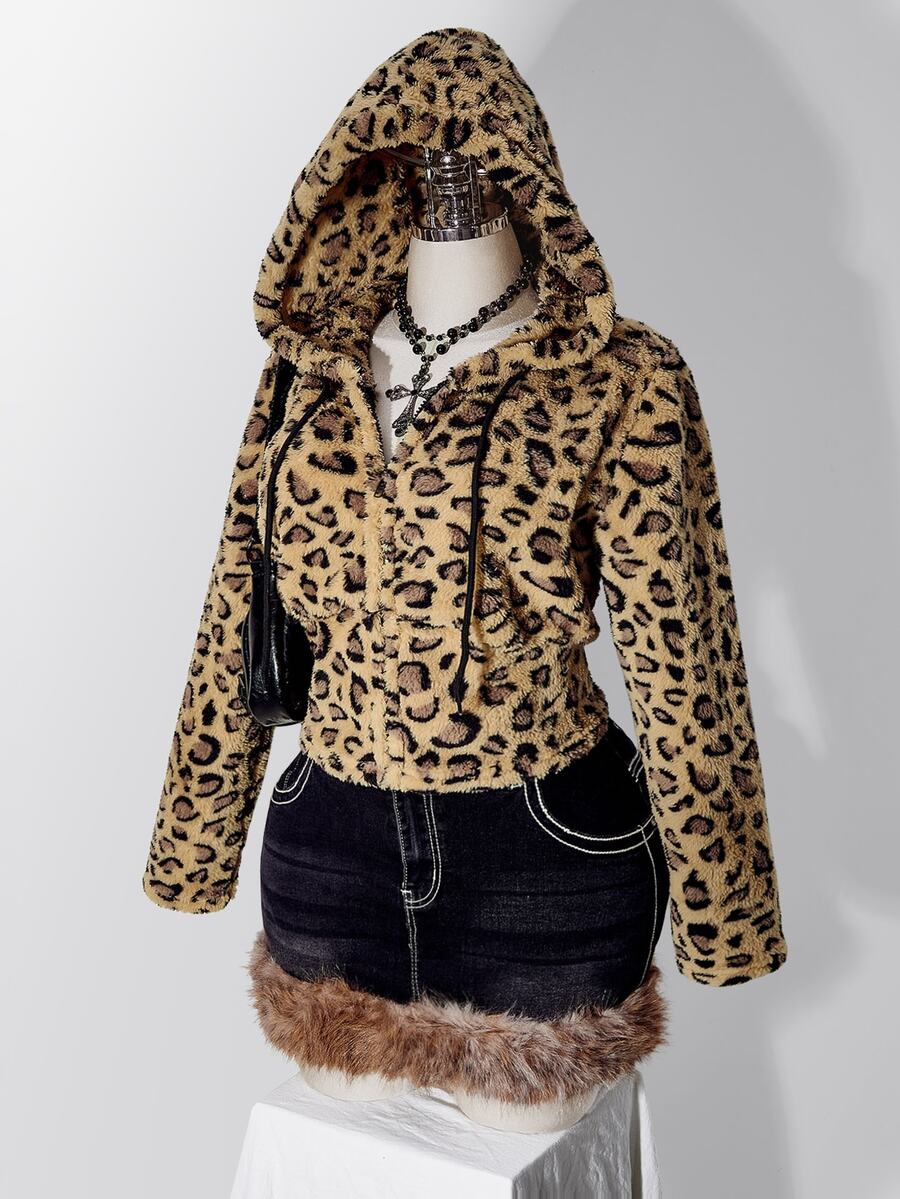 SHEIN ICON 女款大尺碼豹紋法蘭絨連帽衛衣 - 棕色 - 查看 1