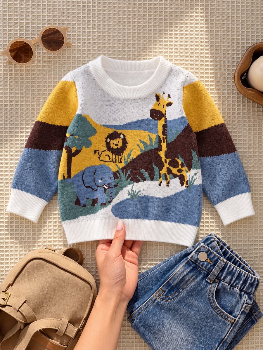 SHEIN Baby Boy Cartoon Animal Pattern Knitted Soft Round Neck Long Sleeve Pullover Sweater, Versatile And Comfortable - Multicolor - View 1