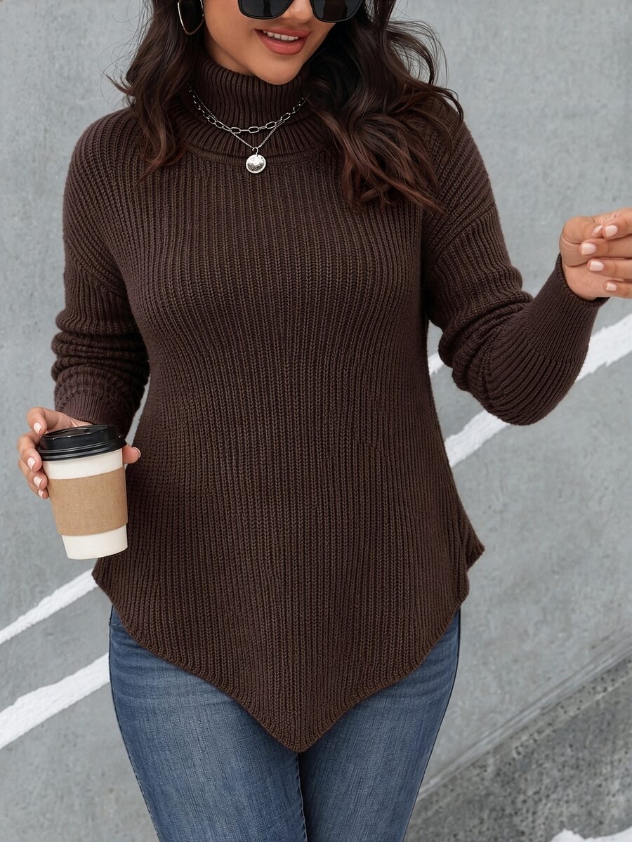 Seusyu Plus Size Women's Solid Color Casual Daily Long Sleeve Sweater - Khaki - View 1