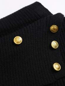 Sweetra Vintage Gold Buckle Off-Shoulder Bodycon Knit Dress - Black - View 5