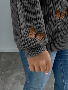 Linhara CURVE 大尺碼女款純色針織刺繡優雅套頭毛衣，長袖標準版型，秋冬季 - 深灰色 - 查看 4