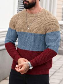 Manfinity Homme 男士撞色極簡圓領長袖毛衣，休閒日常穿著大地色系男士針織衫，老錢風 - 卡其色 - 查看 4