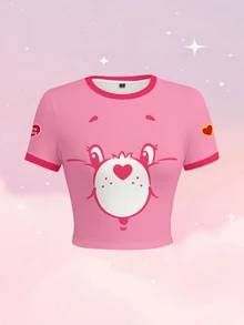 SHEIN X Care Bears 女款卡通印花拼色休閒日常短袖T恤 - 白色 - 查看 1