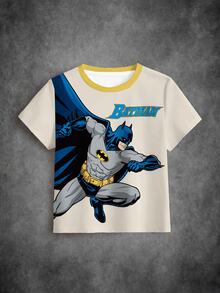 BATMAN X SHEIN Kaos Lengan Pendek Kasual Sehari-hari Bergambar Kartun Huruf untuk Anak Laki-Laki - Putih - View 6
