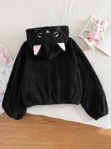 SHEIN Elladie kids 1件女童甜美風休閒外套，校園休閒穿搭，秋冬款3D貓咪刺繡連帽寬鬆抓絨夾克 - 黑色 - 查看 2