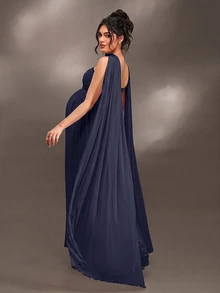 Cheriluna Maternity Elegant Ruffle Detail Solid Color Off-Shoulder Sleeveless Maternity Dress For Baby Shower, Christmas Party - Royal Blue - View 6