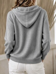 SHEIN 女款抽繩連帽針織開襟外套，秋季鈕扣前襟休閒毛衣 - 灰色 - 查看 2