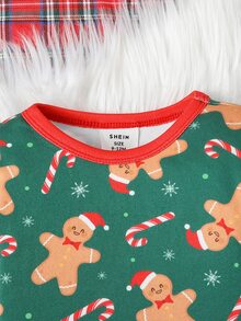 SHEIN Infant Toddler Cute Gingerbread Man Print Pattern Fitted Loungewear Set - Green - View 3
