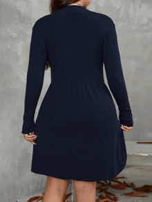 SHEIN Clasi Plus Size Solid Color Knit Casual Dress, Autumn/Winter - Royal Blue - View 2