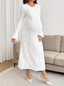 SHEIN Maternity Solid Color Round Neck Bell Sleeve Casual Dress Fall - White - View 4