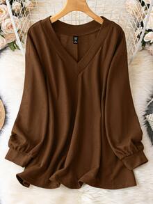 EMERY ROSE Plus Size Solid Color Casual Long Sleeve T-Shirt, Suitable For Spring And Autumn Fall Cloth For Women - Brown - View 1