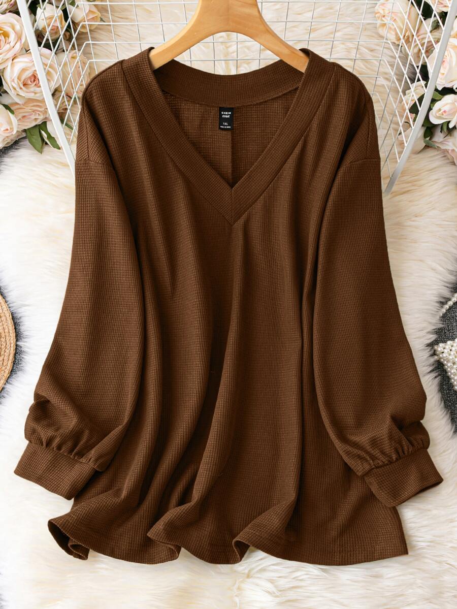 EMERY ROSE Plus Size Solid Color Casual Long Sleeve T-Shirt, Suitable For Spring And Autumn Fall Cloth For Women - Brown - View 1