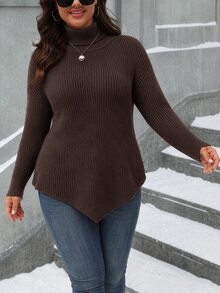 Seusyu Plus Size Women's Solid Color Casual Daily Long Sleeve Sweater - Khaki - View 3