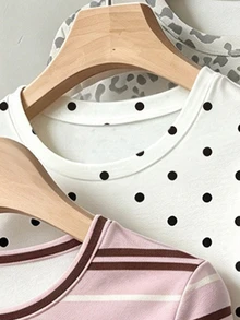 (3 Pcs) Kaos Lengan Panjang Kasual Modis Motif Polkadot Abu-abu Leopard Pink Coklat Putih dengan Pinggang Berkerut untuk Anak Perempuan - MultiWarna - View 5