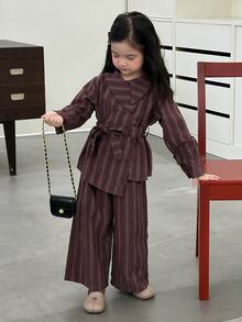 DAZY Young Girl Striped Button Long Sleeve Shirt And Loose Pants Set - Brown - View 8