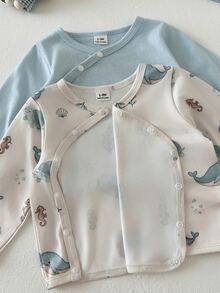 SHEIN 新生兒圓領長袖上衣與長褲休閒日常套裝 - 彩色 - 查看 9