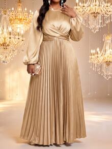 Fleurora Plus Size Elegant Solid Color Twisted Pleated Dress Fall - Gold - View 3