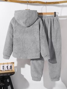 SHEIN Little Byeori 2件組男童冬季休閒返校穿搭套裝，包含抓絨半拉鍊連帽衛衣與寬鬆慢跑長褲，秋季加厚保暖校園套裝 - 灰色 - 查看 2