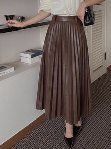 DAZY Women's Solid Color High Waist Elegant Commute Pleated Skirt - Coffee Brown - View 5