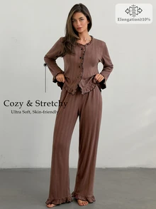 DAZY Women's Frill Trim Single-Breasted Top And Long Pants Pajama Set - Brown - View 5