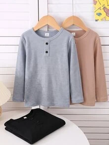 SHEIN 3件組兒童男童休閒舒適風紋理布料木紋細節鈕扣 Polo 衫圓領長袖 T-shirt 多色 - 彩色 - 查看 6