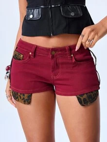 Y2Kool Women's Colorblock Casual Daily Denim Shorts - Burgundy - View 3