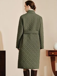 Arave Women's Coat Long Straight Quilted Geometric Ring Texture Stand Collar Button Placket Elegant Olive Green Geometric Fall Clothes For Women Christmas - Army Green - View 2