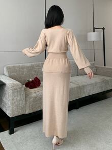 Modelyn Women's Solid Color Pleated Long Sleeve Top And Skirt Knit 2 Pieces Set - Khaki - View 2