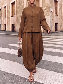 Zivah New Elegant Women's New Chinese Style Brown Textured Jacquard Fabric With Frog Button Design Long Sleeve Jacket And Unique Lantern Pants 2 Pieces Set, Suitable For Multiple Occasions - Brown - View 5