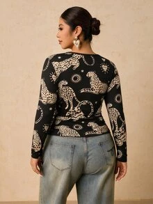 Travachic 大尺碼女款性感豹紋黑色長袖圓領內搭衫，腰部抓皺收腹T恤，休閒時尚寬鬆修身秋季上衣 - 彩色 - 查看 2