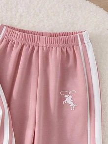 SHEIN 2件組幼女波羅衫長褲套裝，可愛甜美粉白條紋獨角獸刺繡，長袖翻領，合身款，生日派對秋季Y2K芭蕾寬鬆風 - 粉色 - 查看 9