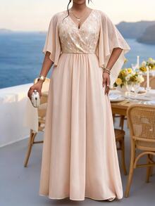 SHEIN Lady Plus Size Women's Contrast Lace Ruffle Sleeve Elegant Dress - Multicolor - View 5