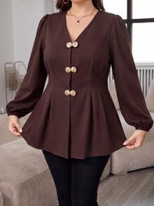 Modelyn Kemeja Kasual Serbaguna untuk Wanita Ukuran Besar dengan Warna Polos, Cocok untuk Pemakaian Sehari-hari - Coffee Brown - View 3