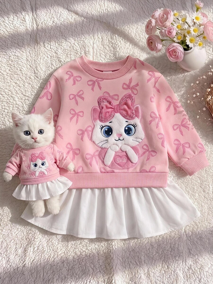 SHEIN Young Girl Young Girl Knit Cute Cartoon Kitten Pattern Patchwork Woven Contrast Color Ruffle Hem Casual Dress - Pink - View 1