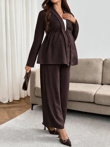 SHEIN 孕婦純色百褶長袖上衣與可調腰長褲休閒日常兩件套秋季 - 咖啡棕 - 查看 4