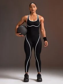 Powerista Women's Colorblock Backless Casual Daily Outing Halter Neck Sports Jumpsuit - Black - View 2