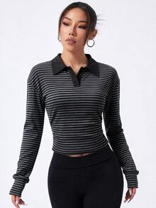 Easithlete Women's Fall Sports Polo Shirt, Striped Fabric, Loose Fit, Color Block, Polo Collar Buttons, Long Sleeve, Side Ruched Waist, Casual Modest - Multicolor - View 5