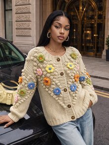 BamGleam Autumn/Winter Fashion Hand-Knitted Front Floral Applique Long Sleeve Cardigan Sweater - Khaki - View 1