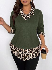 SHEIN Clasi Plus Size Women Casual Leopard Print Raglan Sleeve Curved Hem Printed 2 In 1 Shirt Fall - Army Green - View 5