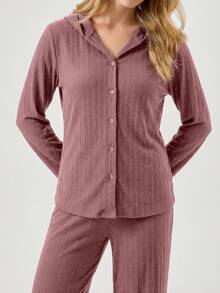 SHEIN Tall 100%Cotton Shirt Style Buttoned Striped Dark Blue 2 Pieces Pajama Set - Rusty Rose - View 5