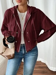SHEIN Frenchy 拼接款 2合1 刷毛連帽夾克外套，輕量，秋季，休閒，場合，冬秋穿搭，通勤，辦公穿著，老錢風，極簡，校園，酒紅/波爾多紅 - 酒紅色 - 查看 4