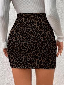 SHEIN Frenchy 休閒極簡風性感棕色豹紋女款貼身裙，適合春、夏、秋季 - 彩色 - 查看 2