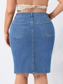 EMERY ROSE Plus Size Women's Casual Daily Outing Washed Denim Skirt With Pockets And Buttons - Medium Wash - View 2