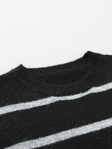 RONVEXI Men's Autumn/Winter Striped Crew Neck Long Sleeve Casual Versatile Sweater - Black and White - View 6