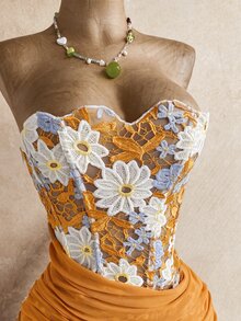 Soleia 女款性感度假無肩帶蕾絲紋理垂墜網紗百褶胸衣迷你洋裝，適合海灘、郵輪、公路旅行、城市度假、約會、下午茶、波希米亞風、島嶼度假、夏季、音樂節、日常通勤、婚禮季、派對、嘉年華 - 橘色 - 查看 5