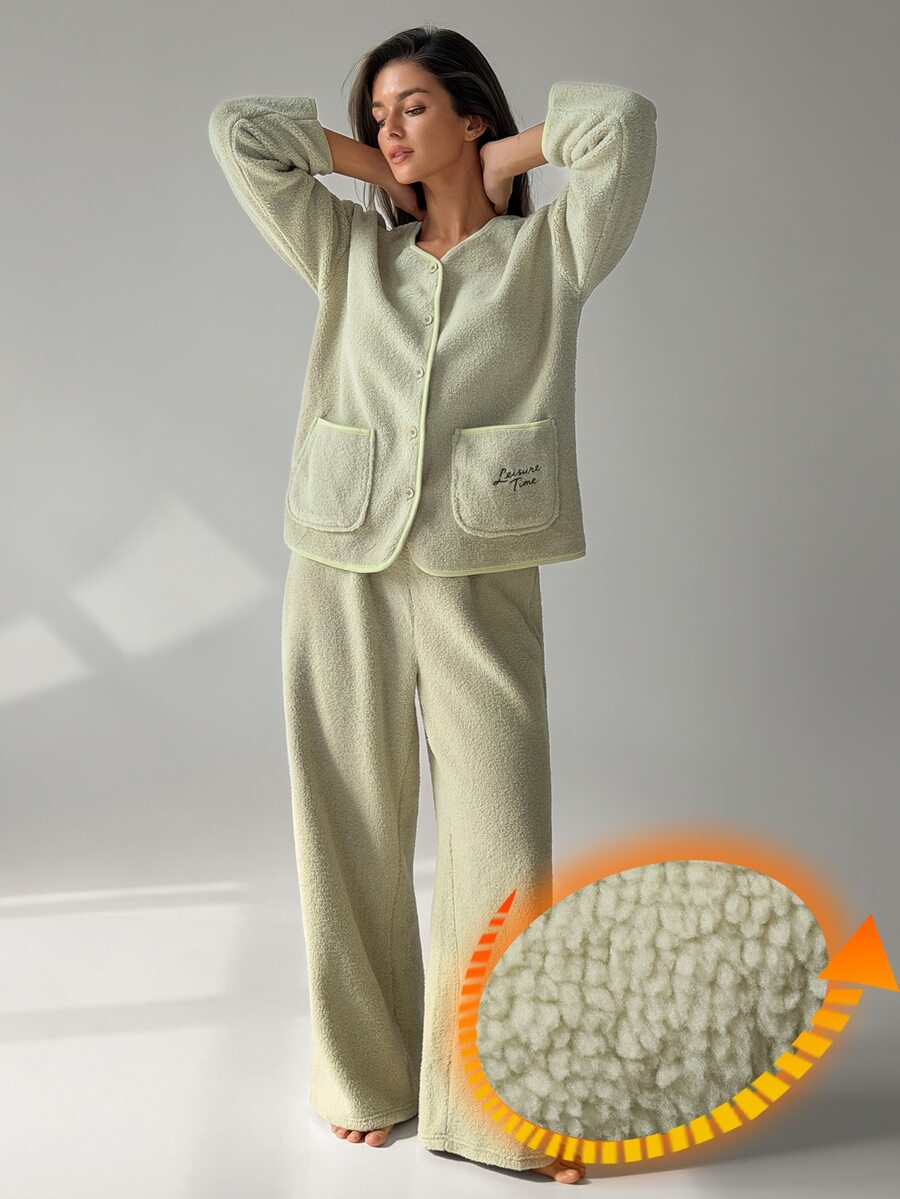 DAZY Women's Letter Embroidered Single-Breasted Pocket Top And Pants Pajama Set - Green - View 1