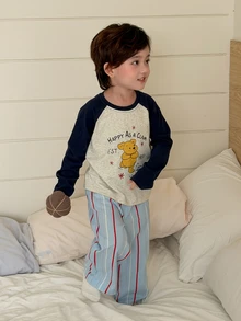 DAZY Baby Boy Letter Cartoon Print Raglan Long Sleeve Top And Pants Loungewear Set - Blue and White - View 5